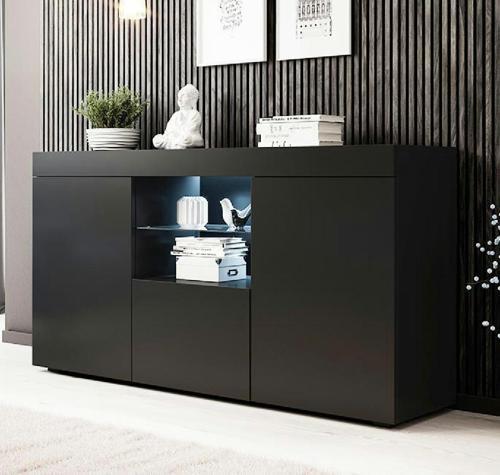 Konsol Led Aydınlatmalı Şık Büfe Katlanabilir Cam Raflı Modern Ve Zarif Konsol Siyah Mat Elegant