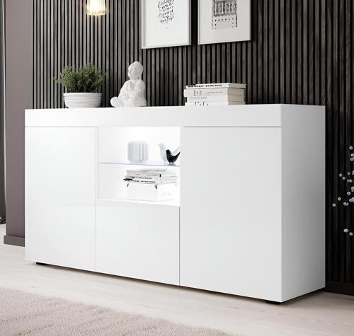 Konsol Led Aydınlatmalı Şık Büfe Katlanabilir Cam Raflı Modern Ve Zarif Konsol Beyaz Mat Elegant
