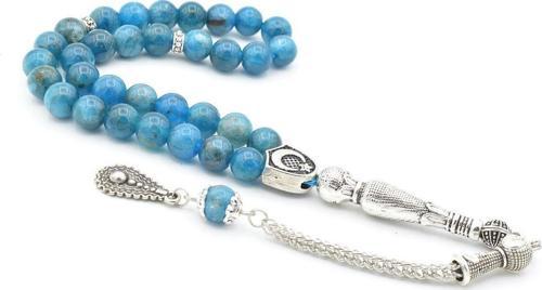 Özel Gümüş Kaplama Kamçılı Hakiki Doğal Apatit Taşı Tesbih 7.5 Mm