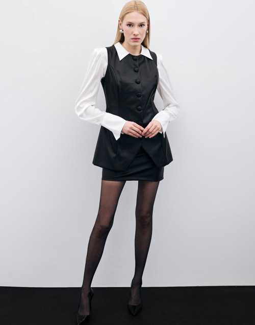 Uzun Deri Yelek - Siyah