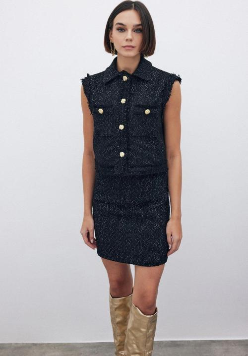 Simli Tüvit Yelek - Siyah