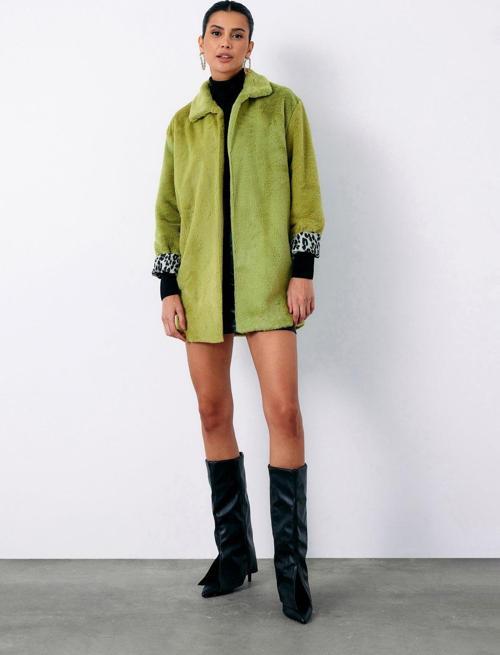 Leopar Astarlı Peluş Kaban - Yeşil