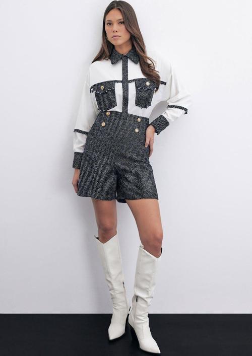 Düğme Detay Tüvit Şort - Sax Mavi