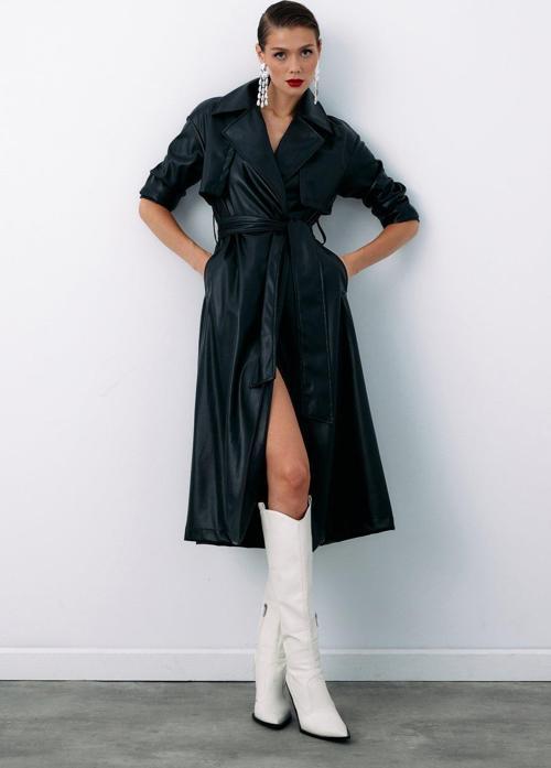 Kuşaklı Uzun Deri Trenç - Siyah