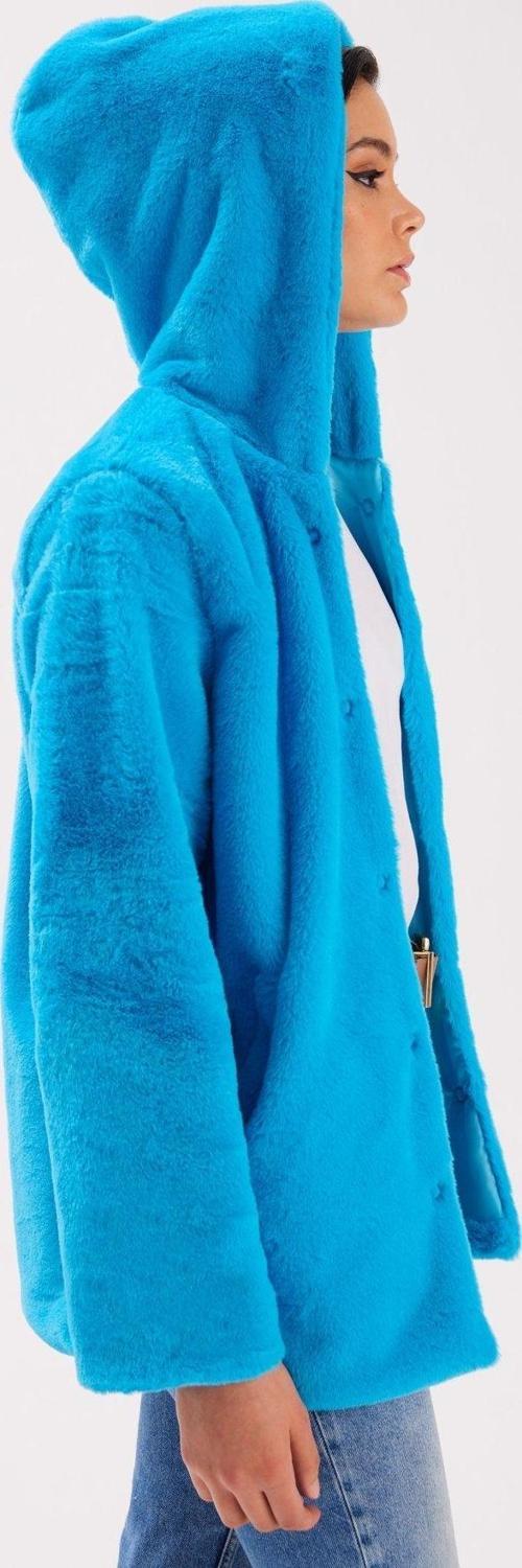 Astarlı Kapüşonlu Peluş Mont - Mavi
