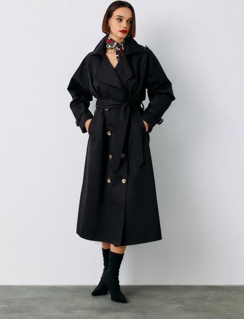 Kuşaklı Uzun Trenç - Siyah