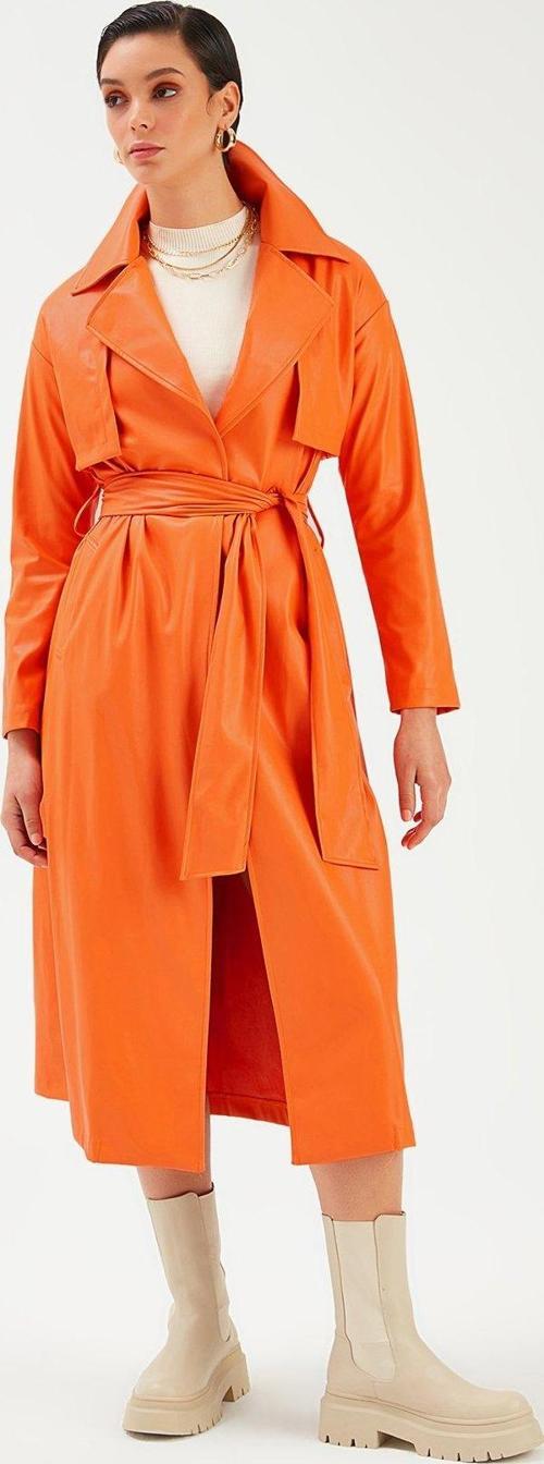 Kuşaklı Uzun Deri Trenç - Oranj
