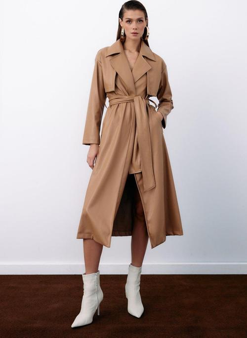 Kuşaklı Uzun Deri Trenç - Bej