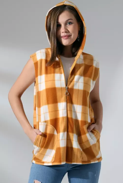 Ekose Kapşonlu Polar Yelek