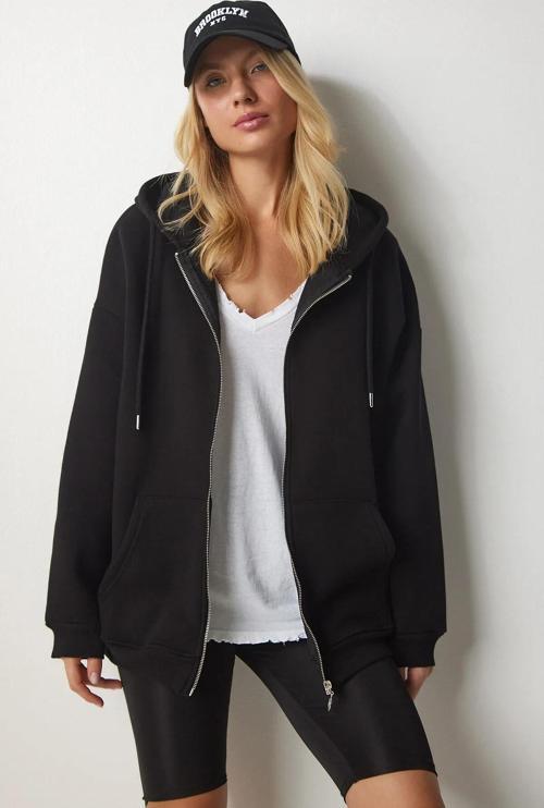 Siyah Kapüşonlu Fermuarlı Oversize Sweatshirt