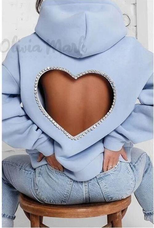 Sırt Kalp Detay Mavi Kapşonlu Sweatshirt