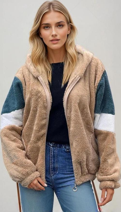 Renk Bloklu Bomber Polar Peluş Sweatshirt