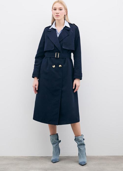 Kemerli Uzun Trençkot - Lacivert