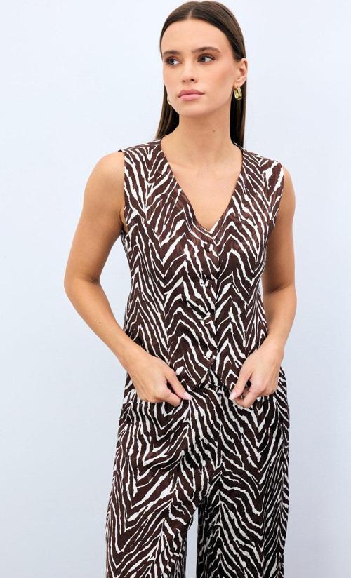 Zebra Desen Kısa Yelek - Kahve