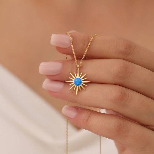 925 Ayar Gümüş Mavi Opal Taşlı Kutup Yıldızı Gold Kolye