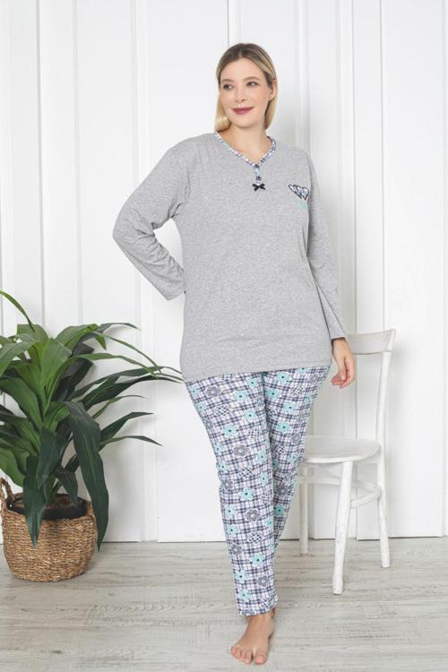 X-Dreamy Büyük Beden Pamuklu Desenli Uzun Kollu Pijama Takımı