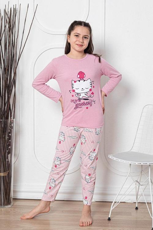 Faryakids Pamuklu Uzun Kollu Desenli Kız Çocuk Pijama Takımı