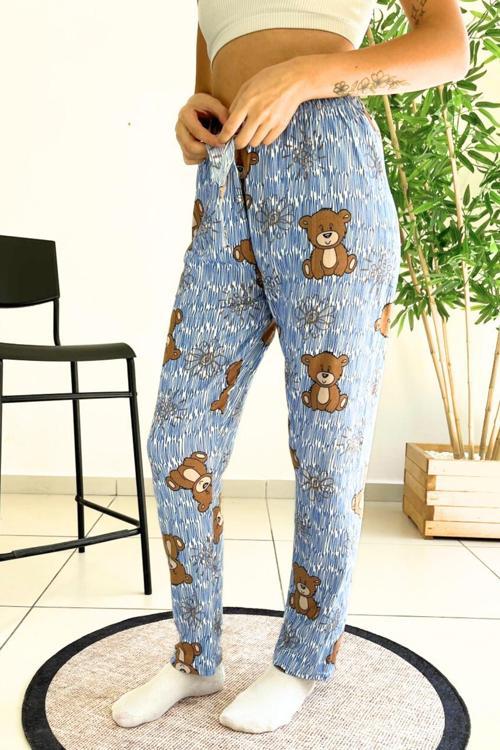 Dreamy Soft Kadife Dokulu Ayıcık Desenli Süet Pijama Altı Pantolon
