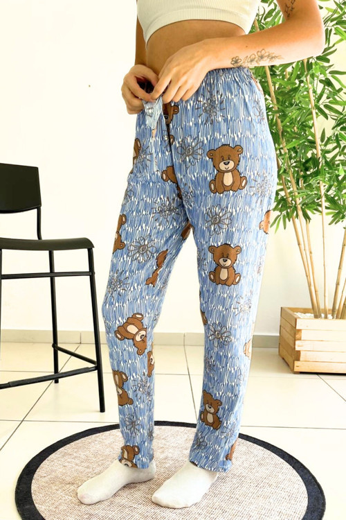 Dreamy Soft Kadife Dokulu Ayıcık Desenli Süet Pijama Altı Pantolon