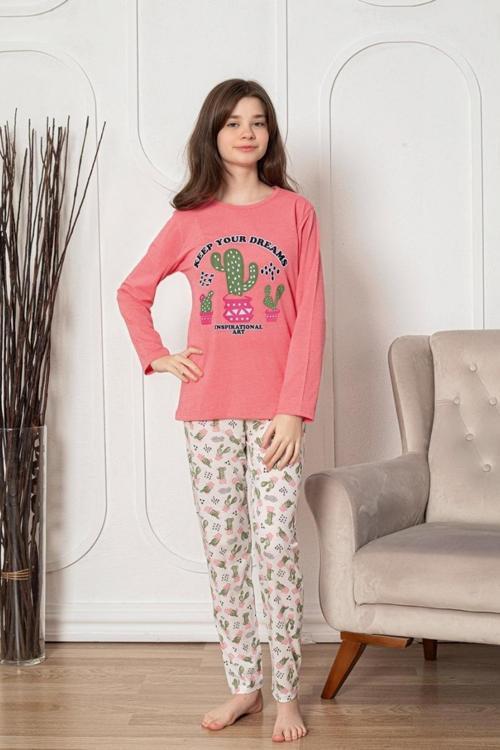 Faryakids Pamuklu Uzun Kollu Desenli Kız Çocuk Pijama Takımı