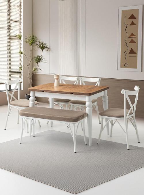Yanlardan Açılır Yakamoz Dişbudak  Masa Topkapı Ayak 4 Ad Çapraz Sandalye 1 Ad Çapraz Bench Sandalye 