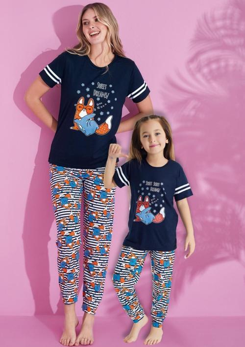 Anne Kız Kombin Desenli Viskon Kısa Kollu Pijama Takımı (ANNE KIZ AYRI SATILIR)