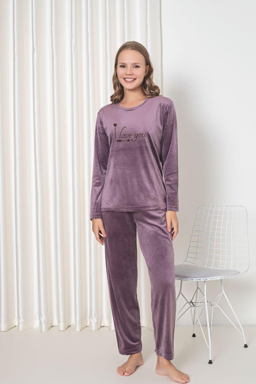 Luxury Velvet Fransız Kadife Yazı Detaylı Pijama Takımı
