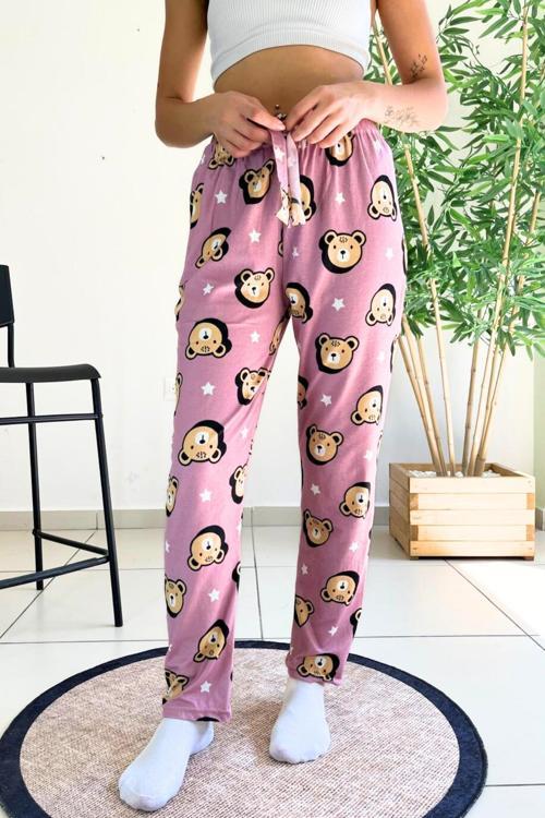 Dreamy Soft Kadife Dokulu Ayıcık Desenli Süet Pijama Altı Pantolon