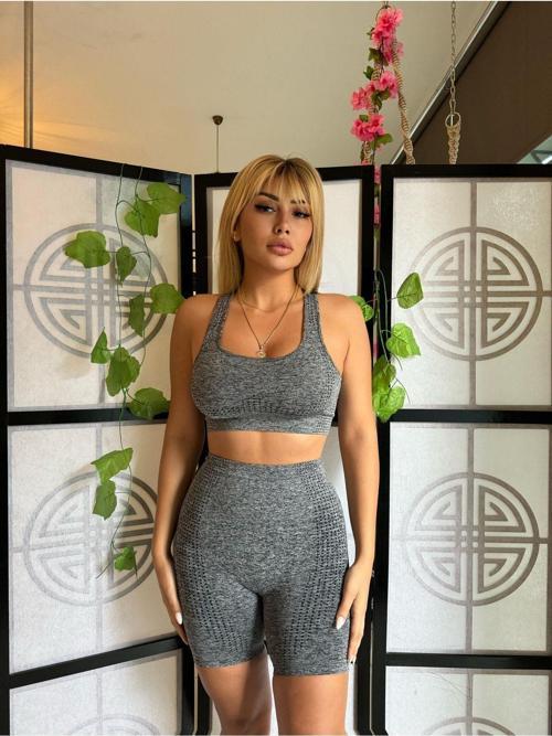 Melanj Spor Şort Bralet Tayt Takımı Gri M-L