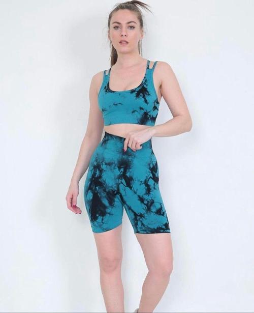 Dikişsiz Push-up Toparlayıcı Batik Desen Spor Şort Bra Takımı Mavi M-L