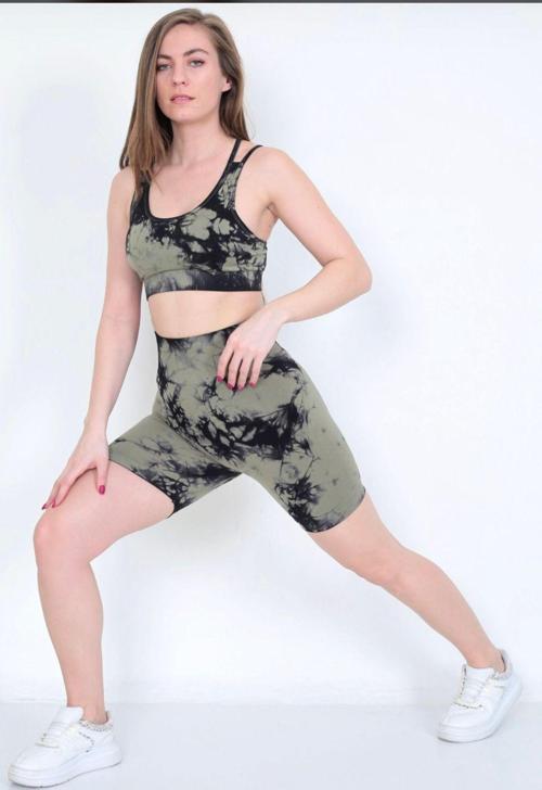 Dikişsiz Push-up Toparlayıcı Batik Desen Spor Şort Bra Takımı Haki S-M