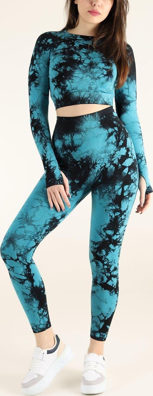 Dikişsiz Push-up Toparlayıcı Batik Desen Spor Tayt Takımı Mavi S-M