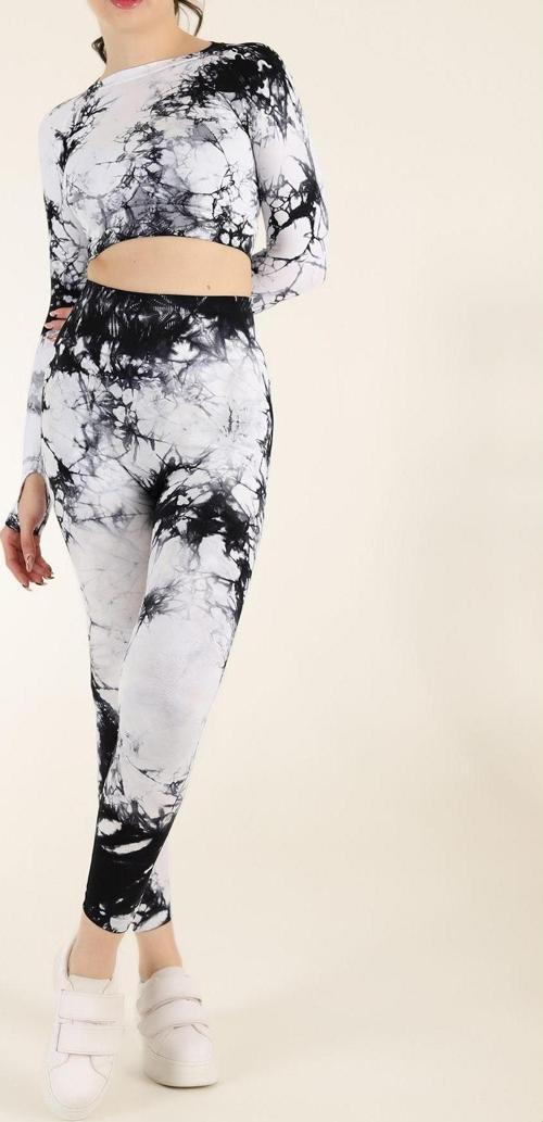 Dikişsiz Push-up Toparlayıcı Batik Desen Spor Tayt Takımı Beyaz M-L