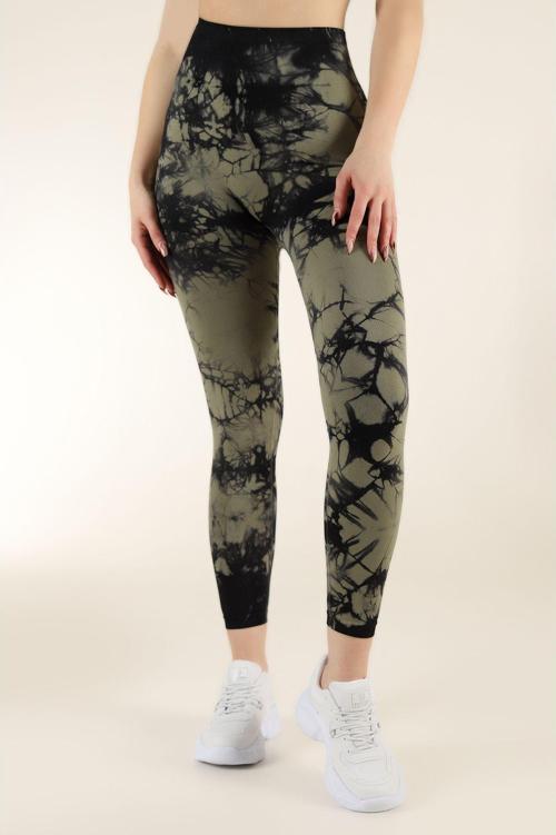Dikişsiz Push-up Toparlayıcı Batik Desen Spor Tayt Haki M-L