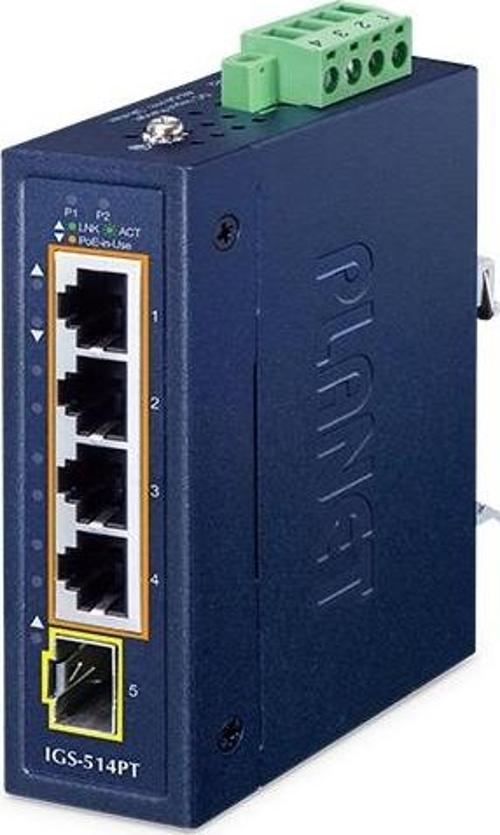 Compact Industrial 4-Port 10/100/1000T 802.3at PoE + 1-Port 100/1000X SFP Ethernet Switch TdrTR