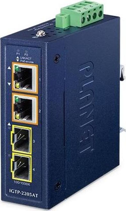 Compact Industrial 2-Port 100/1000X SFP to 2-Port 10/100/1000T 802.3at PoE+ Media Converter TdrTR