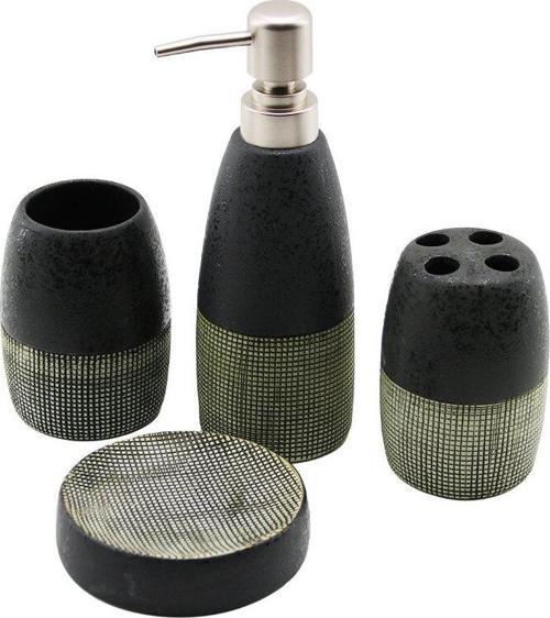 4 PCS ANTRASİT GRİ - KREMSERAMİK BANYO TEMİZLİK SETİ SIVI - KATI SABUNLUK - DİŞ FIRÇALIK - MACUNLUK-Findit