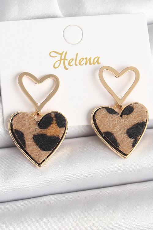 Pirinç Gold Renk Sallantı Leopar Kalp Model Kadın Küpe - EBJ250315W32079