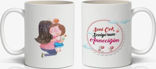 Annelerin Kalbine Dokunan Tasarımlı 1 Adet Seni Çok Seviyorum Anneciğim Yazılı Hediyelik Kupa