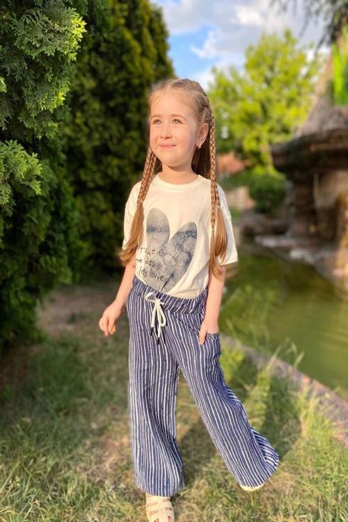 Kalp Desenli Dokuma Kumaş Mavi Renk Kız Çocuk Takım