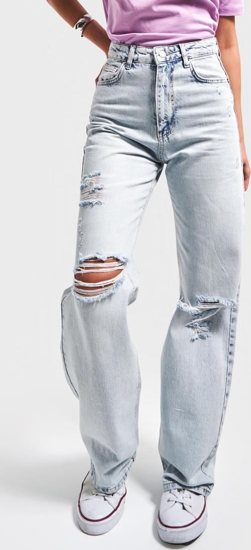 Kadın Snow Kot Rengi 12S5-100 %100 Koton Yırtık Detaylı Straight Fit Yüksek Bel Denim