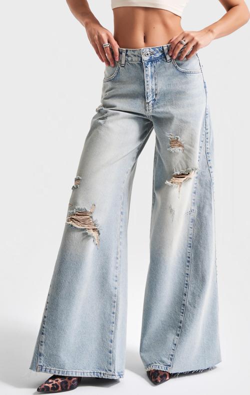 Kadın T.Kot Rengi 10S5-75 Baggy Palazzo Fit %100 Koton Yırtık Detaylı Denim Jean