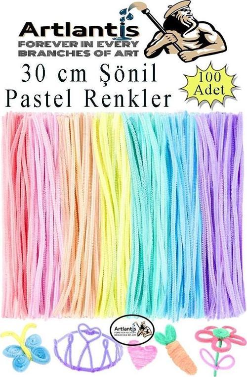 Şönil Pastel Renkler 30 cm 100 lü 1 Paket Pastel Renkli Tüylü Tel Peluş Tel 30 cm Elişi Okul Projeleri Süsleme