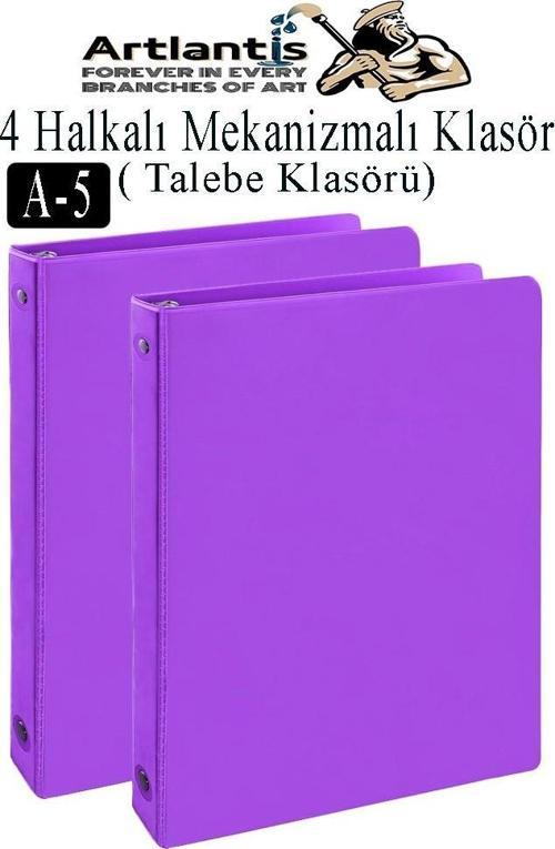 Mor 4 Halkalı Klasör 2 Adet A5 PVC Öğrenci ve Ofis Tipi Evrak Sunum Büro Klasörü İç Cepli Otomatik Mekanizmalı Büro