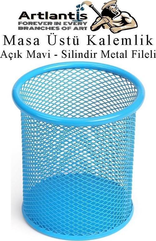 Açık Mavi Silindir Masa Üstü Kalemlik 1 Adet Metal Fileli Renkli Perforeli Yuvarlak Kalemlik Ofis Büro Okul