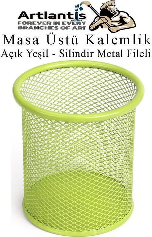 Açık Yeşil Silindir Masa Üstü Kalemlik 1 Adet Metal Fileli Renkli Perforeli Yuvarlak Kalemlik Ofis Büro Okul
