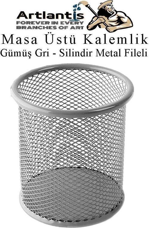 Gümüş Gri Silindir Masa Üstü Kalemlik 1 Adet Metal Fileli Renkli Perforeli Yuvarlak Kalemlik Ofis Büro Okul