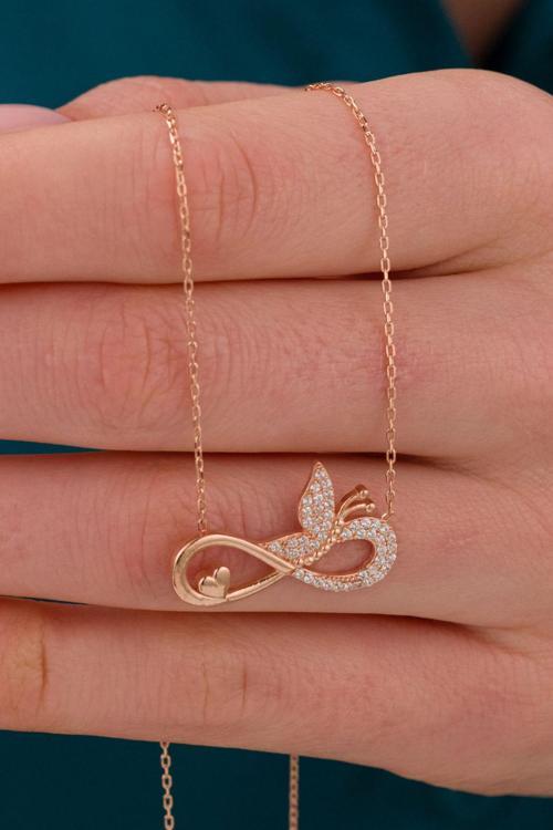 Kadın 925 Ayar Gümüş Kalp Ve Kelebek Detaylı Sonsuzluk Rose Kolye