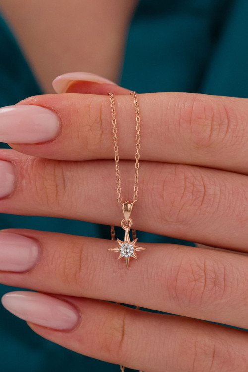 Kadın 925 Ayar Gümüş Kuzey Yıldızı Tektaş Kalp Rose Kolye