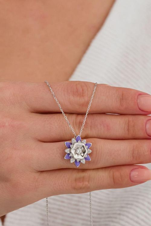 925 Ayar Gümüş Mor Lotus Çiçeği Kolye